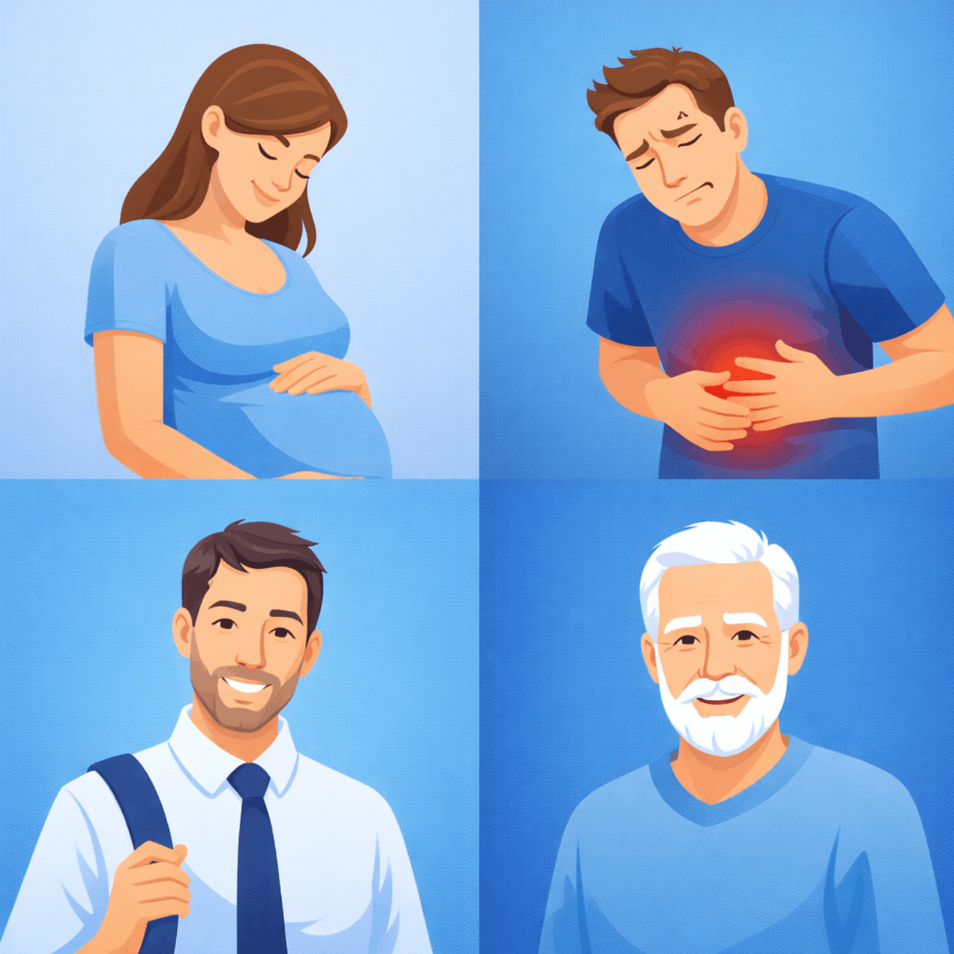 Illustration représentant différents profils de personnes pouvant réaliser un bilan de santé sans ordonnance : femme enceinte, adulte actif, personne fatiguée et senior.