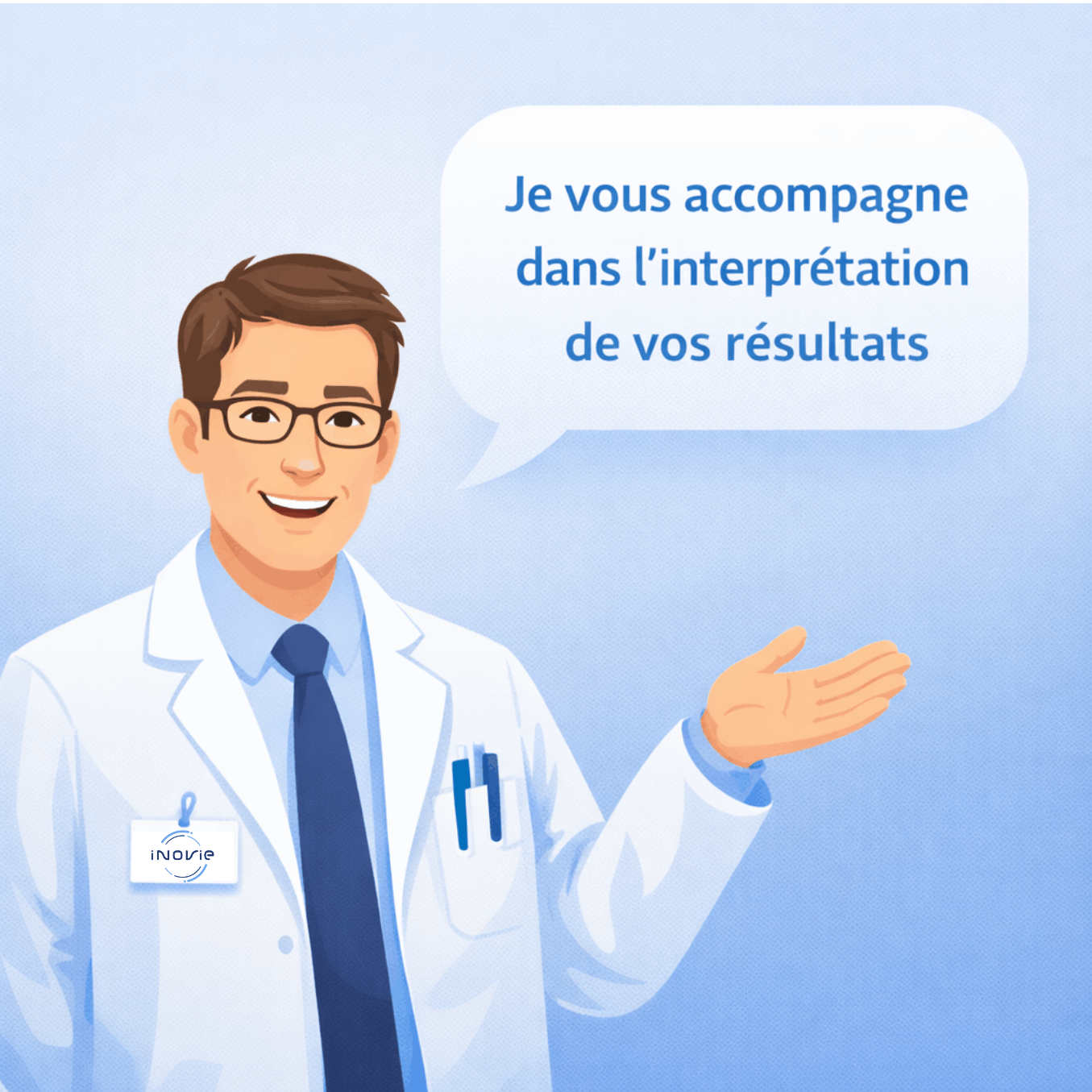Illustration d’un biologiste accompagnant un patient dans l’interprétation de ses résultats d’analyses médicales.