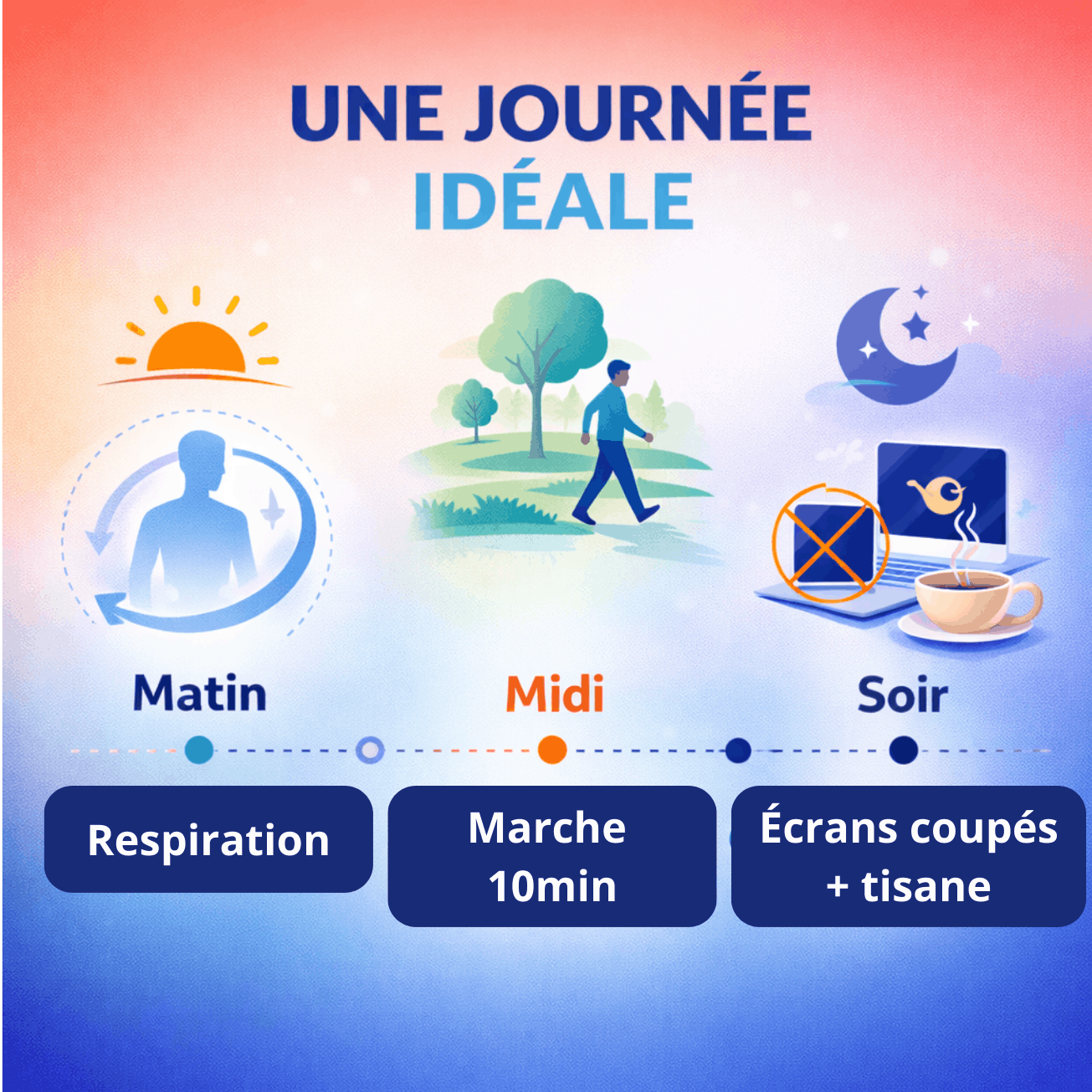 Illustration d’une routine bien-être quotidienne avec respiration, marche et déconnexion des écrans pour réduire le stress.