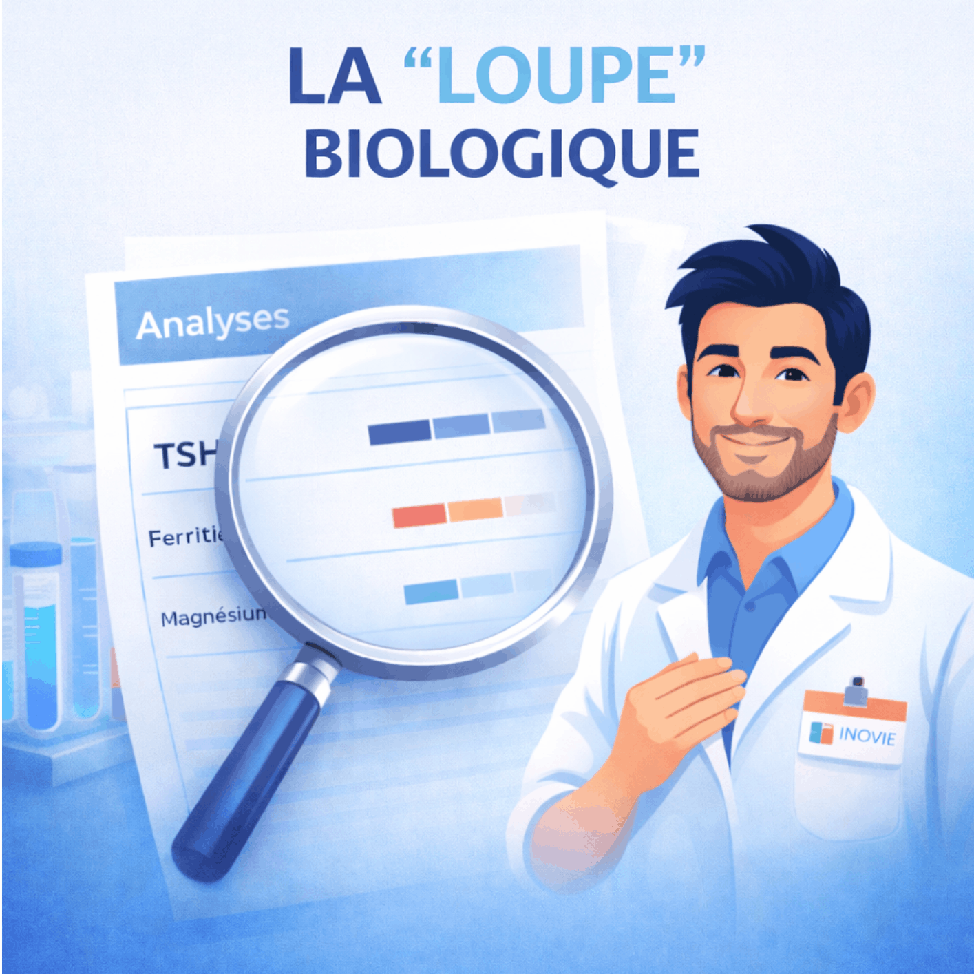 Illustration d’un professionnel de santé analysant des résultats biologiques avec une loupe pour identifier les causes possibles de fatigue.