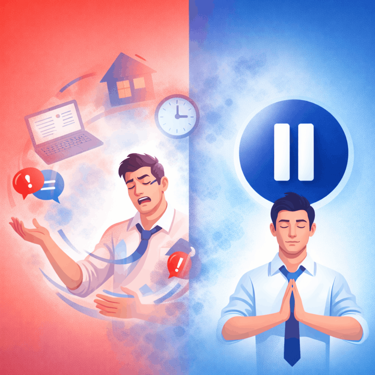 Illustration représentant la charge mentale et le stress quotidien avec une opposition entre surcharge mentale et moment de pause.