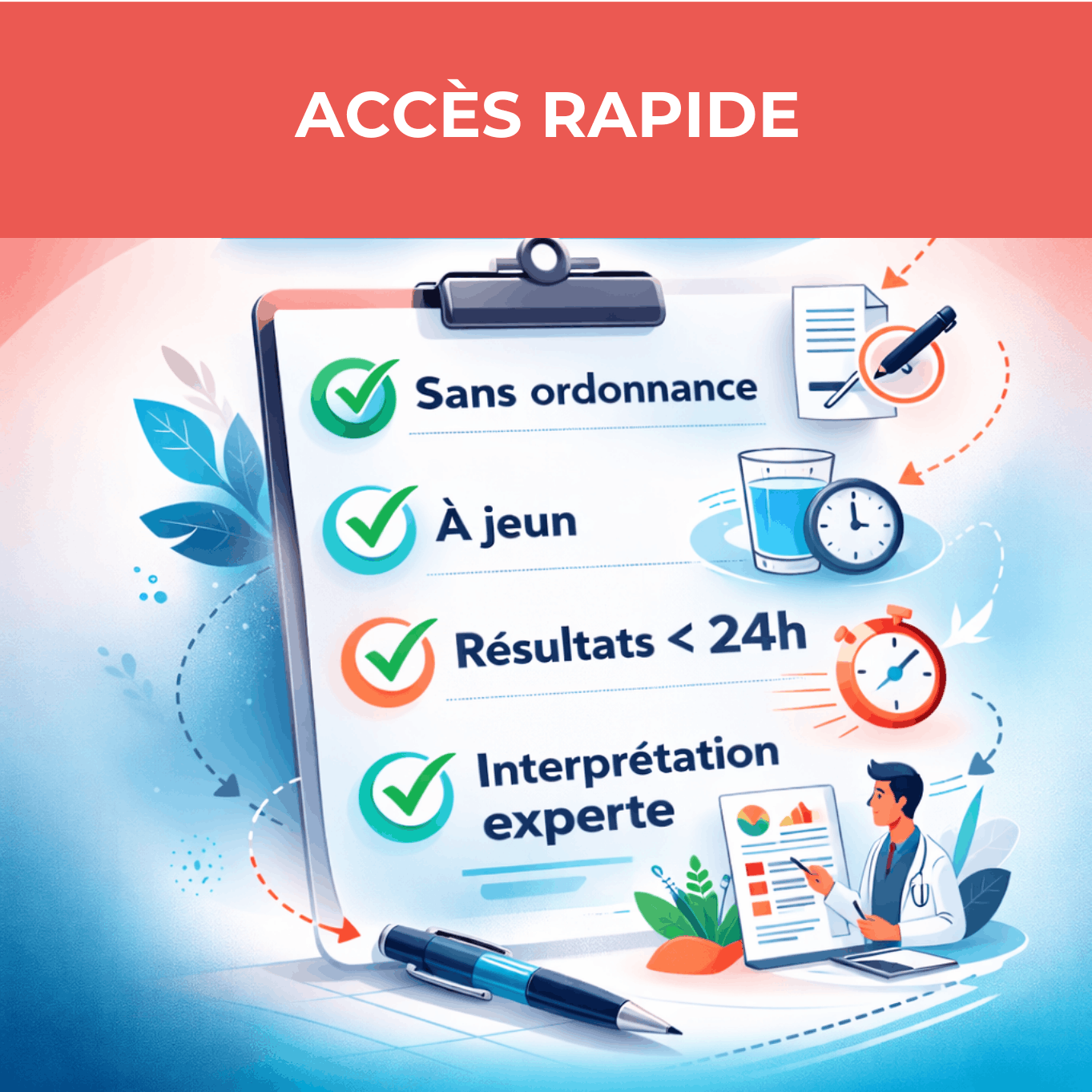 Illustration des avantages d’un bilan biologique rapide : sans ordonnance, à jeun, résultats rapides et interprétation experte.