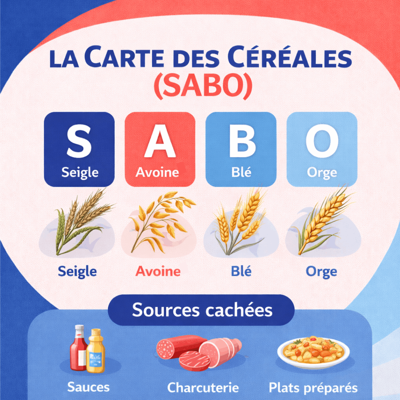 Infographie présentant les principales céréales contenant du gluten et les aliments où il peut se cacher.