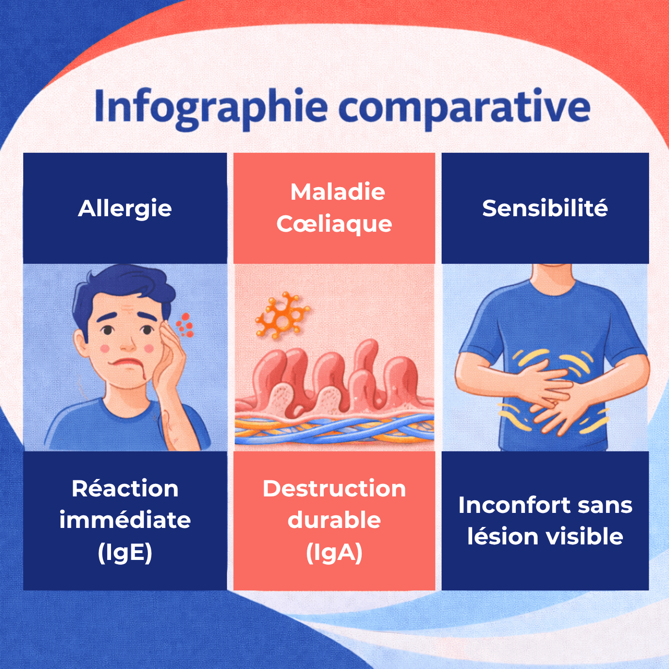 Infographie comparant les différentes réactions au gluten : allergie, maladie cœliaque et sensibilité au gluten.