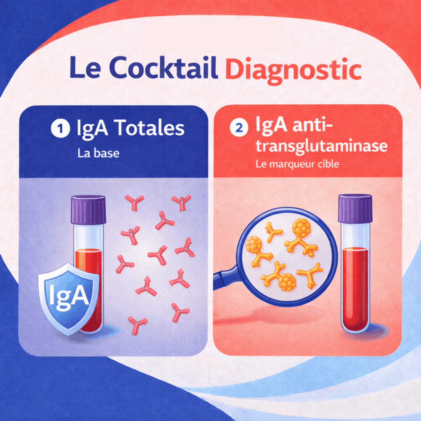 Illustration des analyses biologiques utilisées dans le dépistage lié au gluten, incluant les IgA totales et les anticorps anti-transglutaminase.