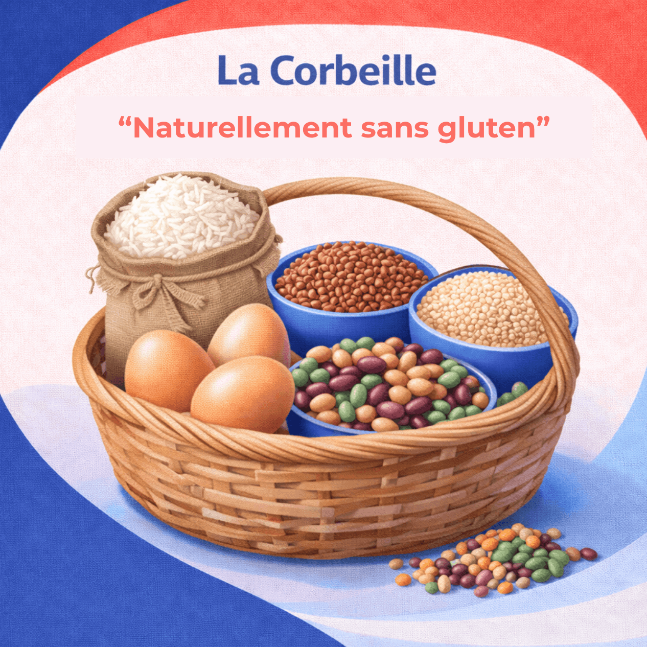 Illustration d’aliments naturellement sans gluten comme le riz, les œufs, les légumineuses et les céréales alternatives.