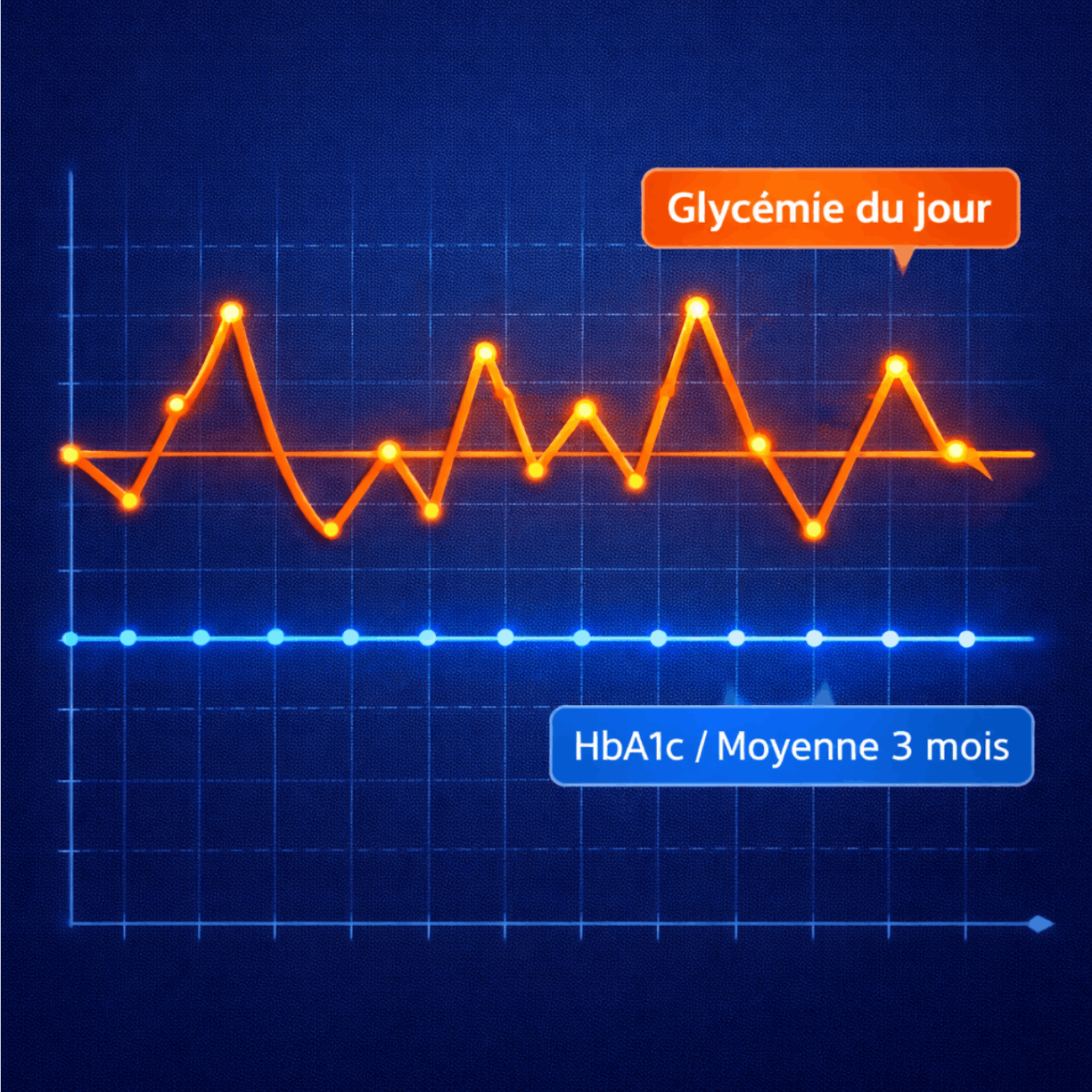 Illustration comparant la glycémie quotidienne et l’HbA1c, indicateur de la moyenne de glycémie sur trois mois.
