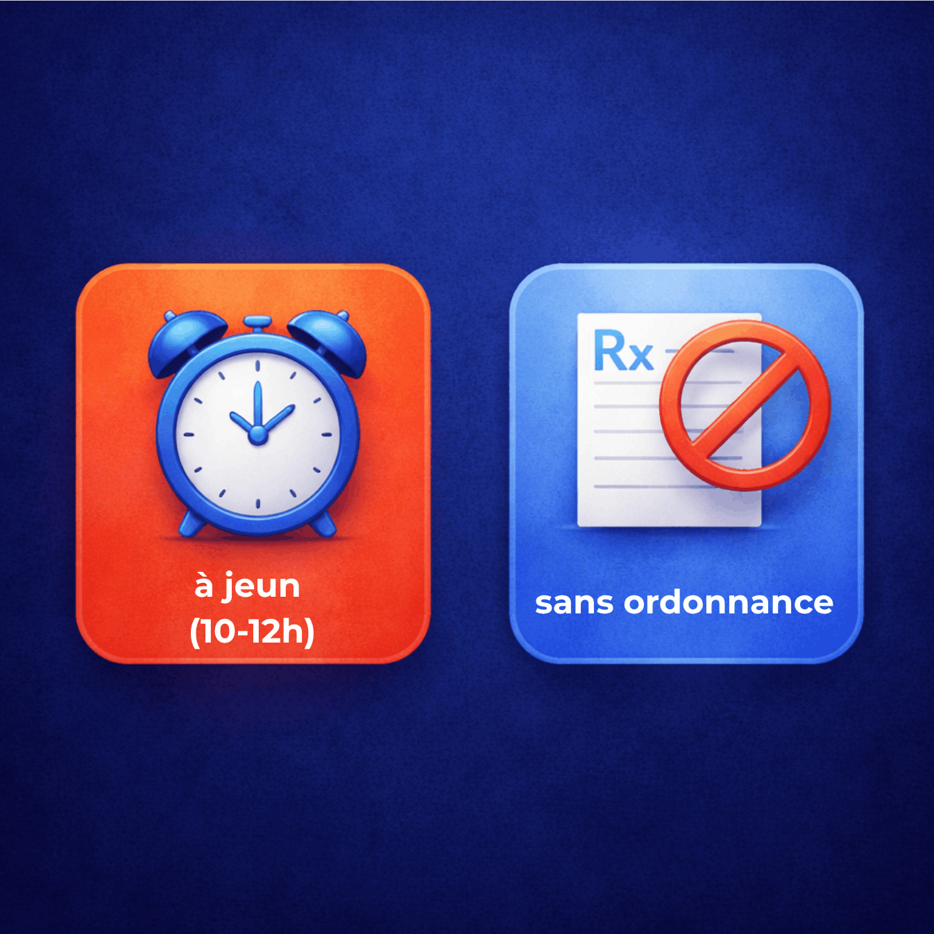 Illustration rappelant les conditions pratiques d’un bilan biologique : être à jeun pendant 10 à 12 heures et possibilité de réaliser les analyses sans ordonnance.