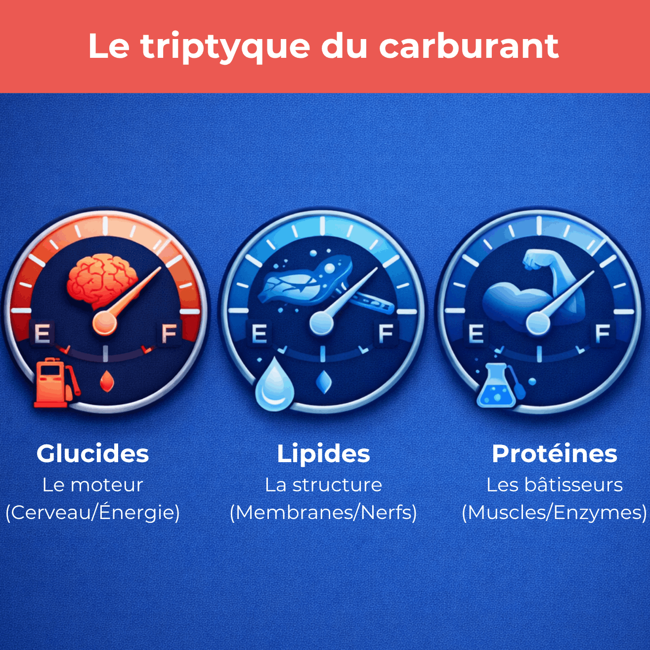 Illustration des macronutriments essentiels : glucides, lipides et protéines, et de leur rôle dans l’énergie et le fonctionnement du corps.