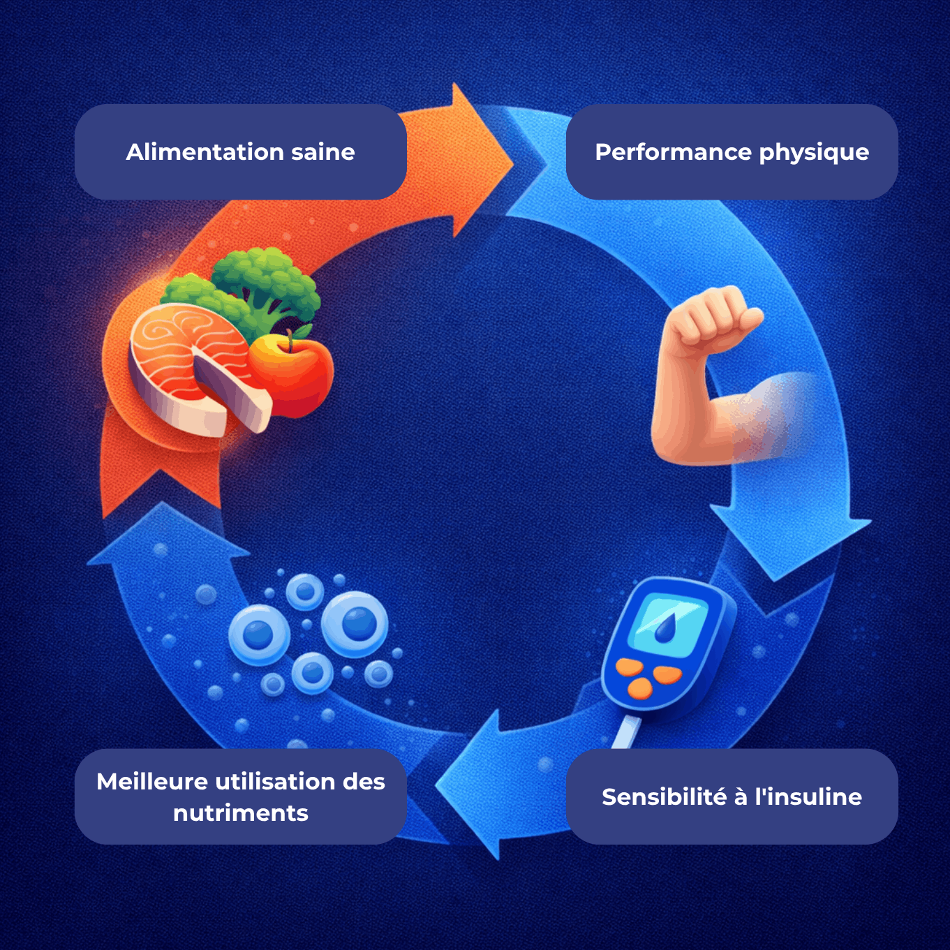 Illustration du lien entre alimentation saine, performance physique, sensibilité à l’insuline et meilleure utilisation des nutriments.