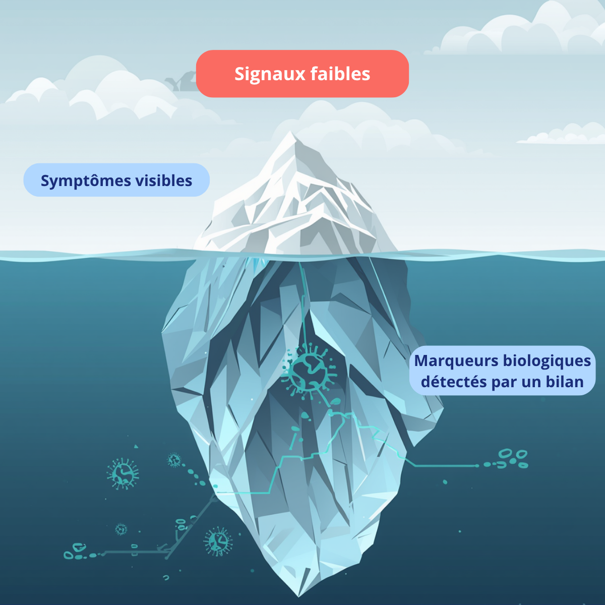 Illustration d’un iceberg montrant les signaux faibles détectés grâce à un bilan de santé