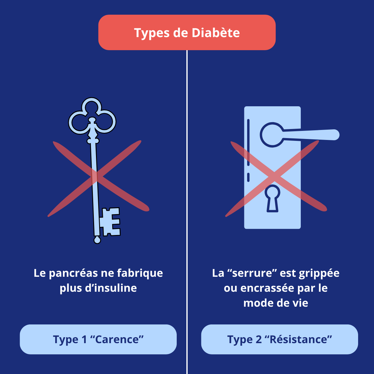 Illustration des différents types de diabète avec comparaison entre diabète de type 1 et type 2