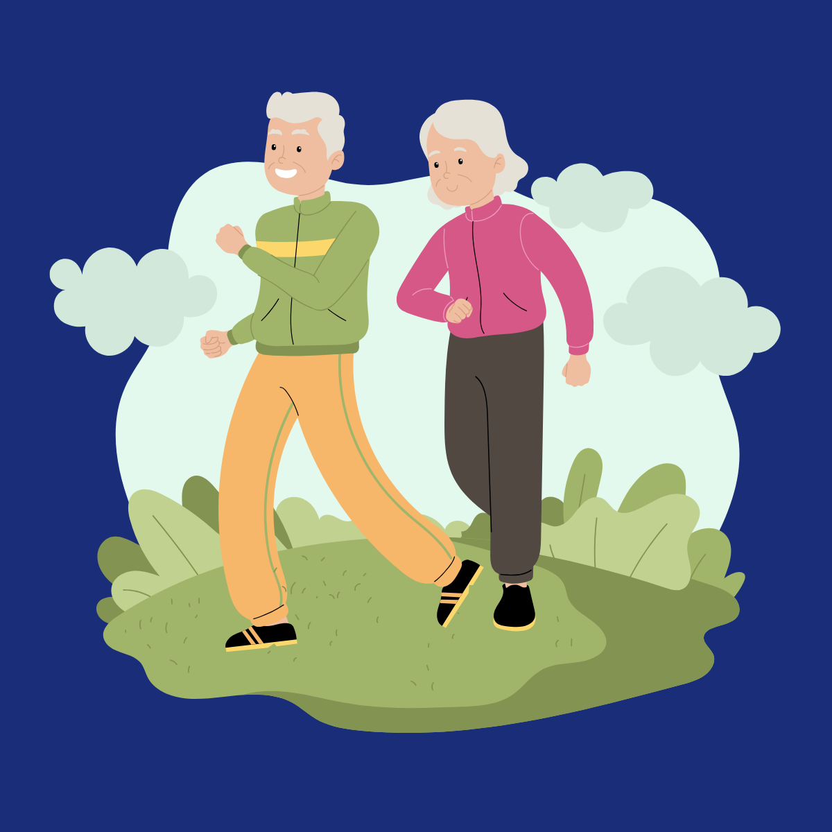 Couple de seniors marchant en extérieur dans le cadre d’un mode de vie actif et d’un bilan santé préventif