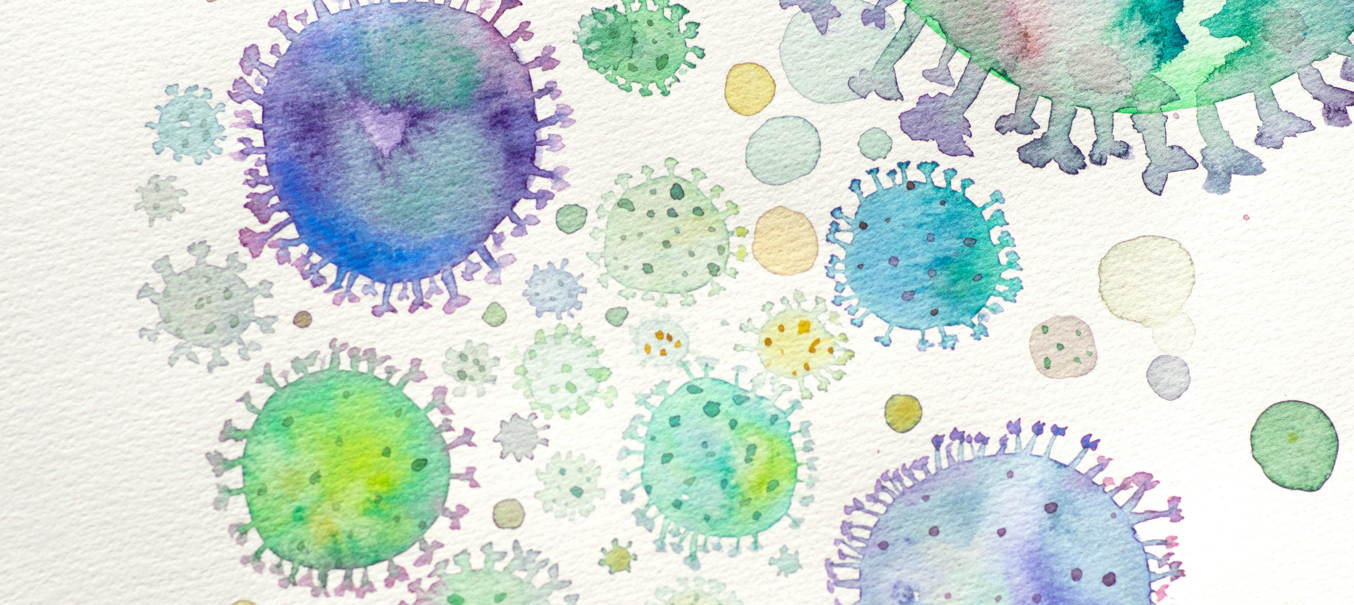 Illustration artistique de virus et micro-organismes représentant le système immunitaire et les agents infectieux