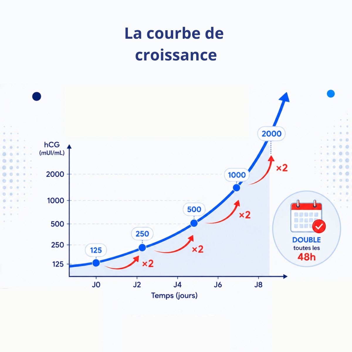 Courbe d'évolution du taux de bêta-hCG en début de grossesse avec doublement toutes les 48 heures.