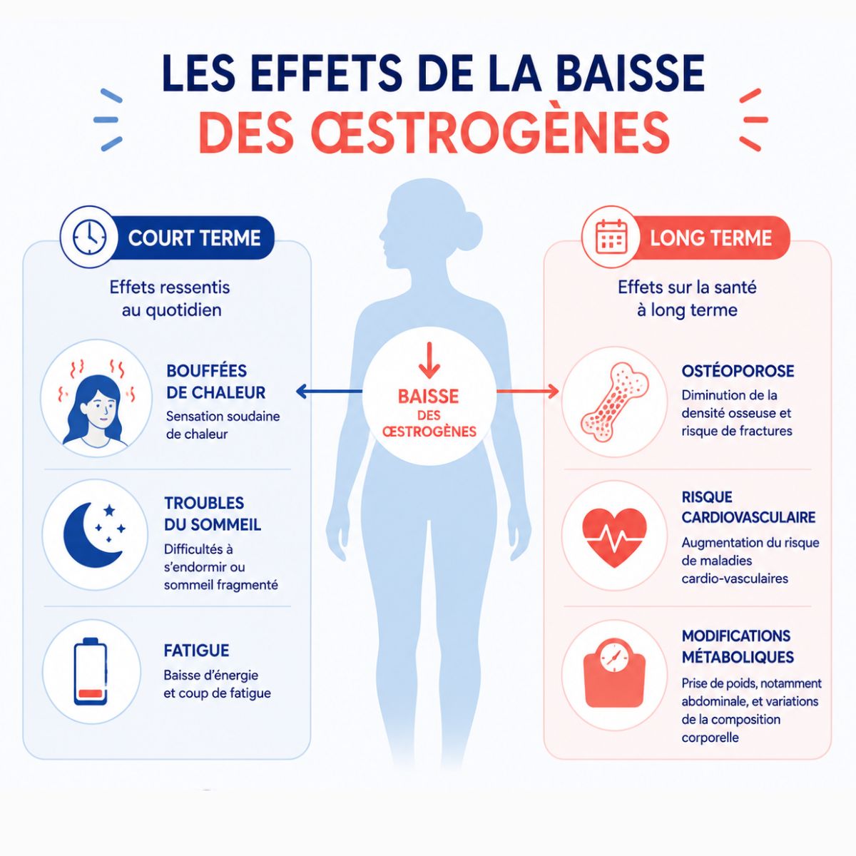 Infographie expliquant les effets de la baisse des œstrogènes à la ménopause, avec les symptômes à court terme (bouffées de chaleur, troubles du sommeil, fatigue) et les risques à long terme (ostéoporose, maladies cardiovasculaires, modifications métaboliques).